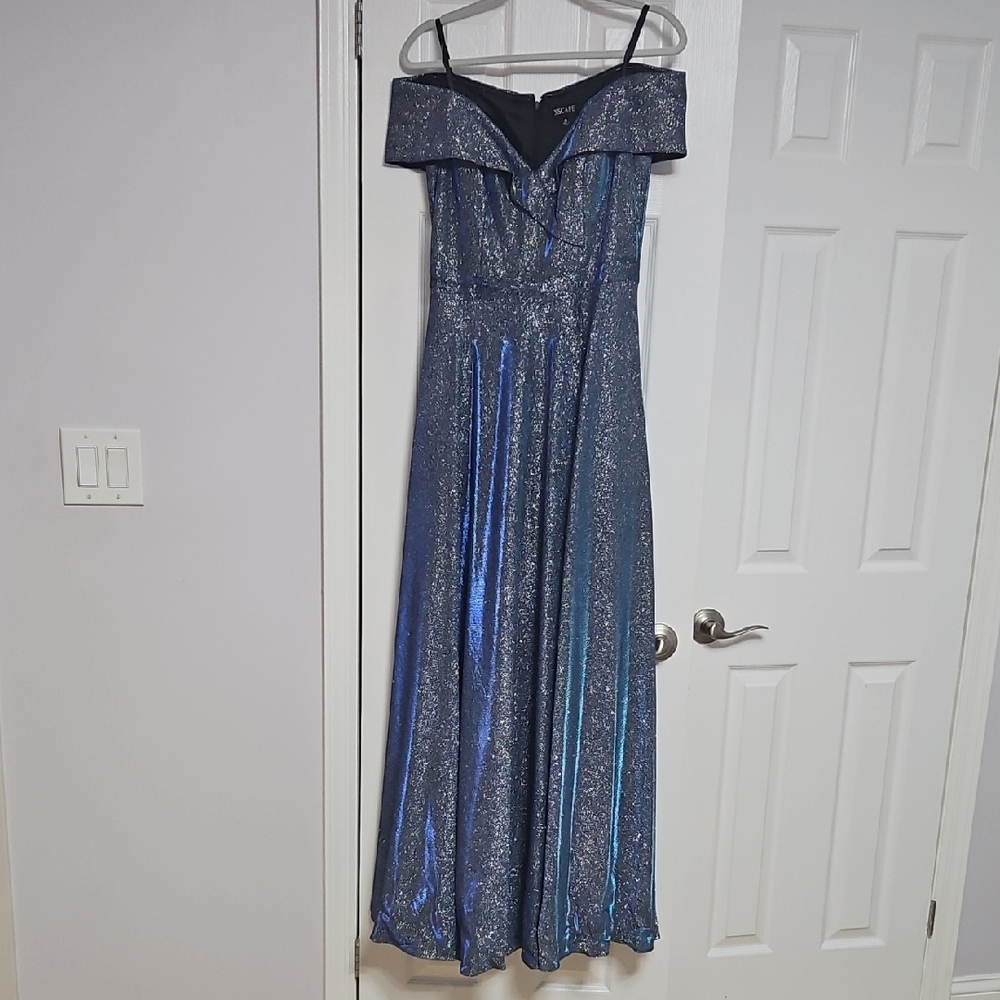 Off-Shoulder Metallic Blue Evening Gown